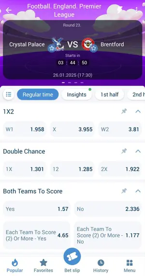 1XBET app home screen